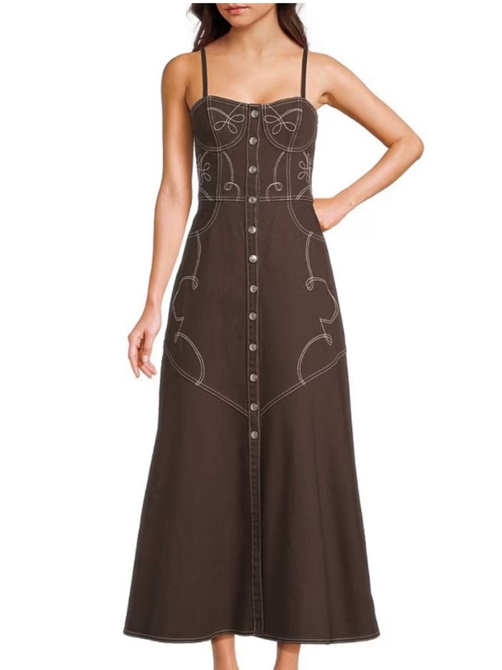 Gianni Bini Brown Embroidered Button-Front Maxi Dress